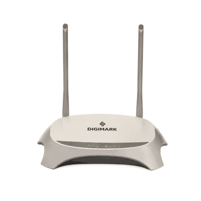 Side view of a Digimark wireless router with antennas extended