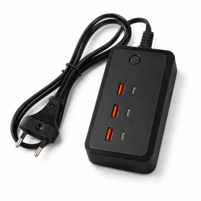 Universal travel adapter with a foldable plug close-up