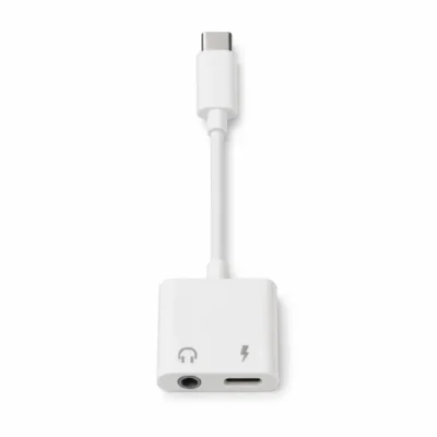 USB-C to 3.5mm audio adapter plugged into a phone