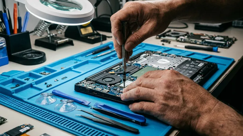 26-in-1 precision electronics repair toolkit with magnetic screwdriver bits, alloy tweezers and pry tools laid out on a work mat