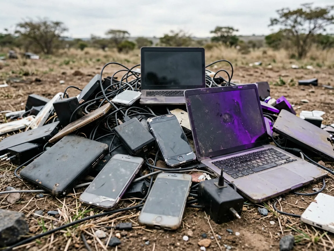 A pile of discarded phones, a laptop, chargers and cables representing South Africa's e-waste stream