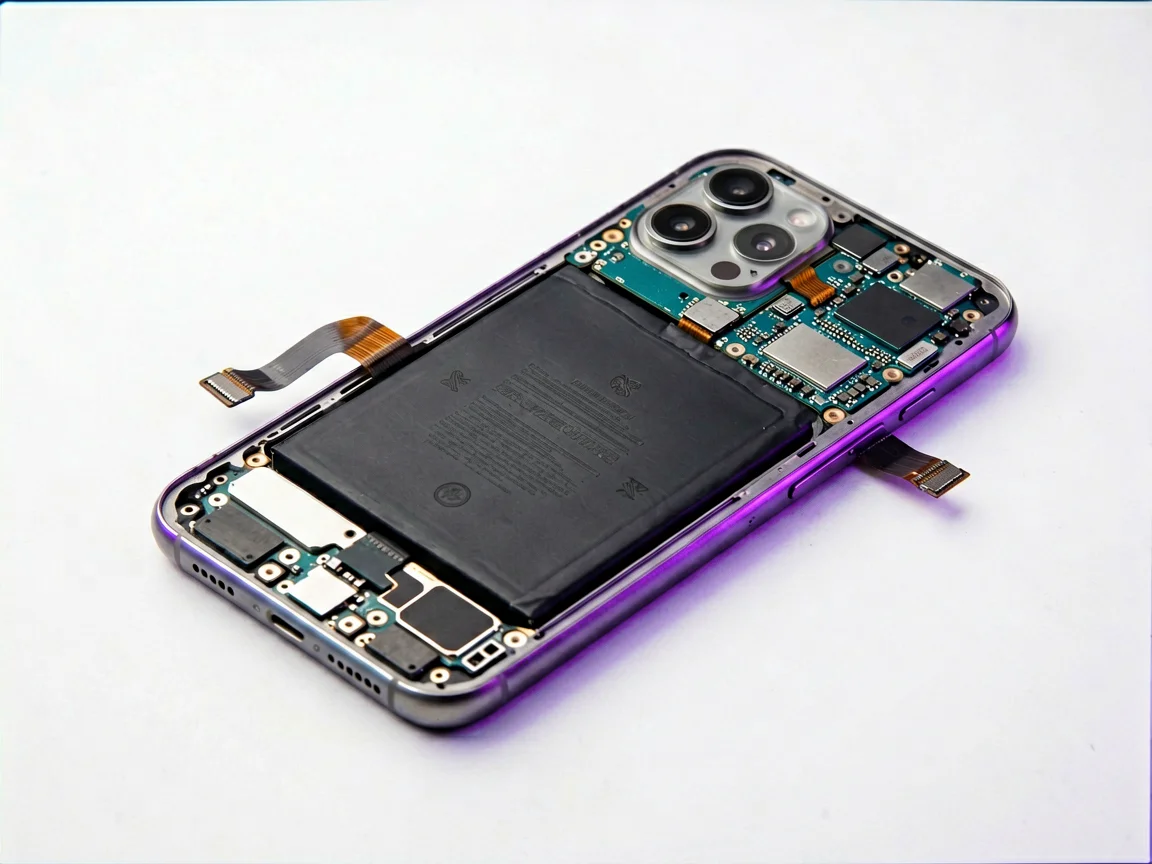 Smartphone with the back cover removed, exposing the battery, logic board and camera module
