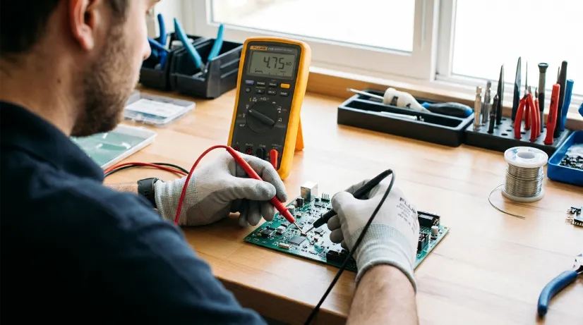 Beginner digital multimeter with LCD display, test leads and probes on a repair bench
