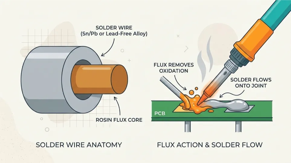 Diagram of solder wire anatomy showing the rosin flux core inside the wire and how it flows onto a joint