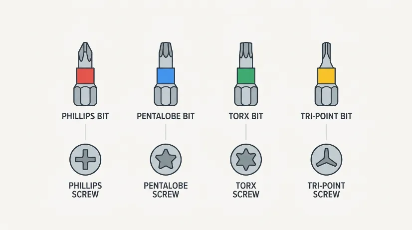 Diagram of the four precision screwdrivers Phillips PH000, pentalobe P2, Torx T4 T5 and tri-point Y000 with their screw heads