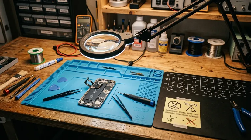 Safe repair workspace with anti-static mat, magnetic screw mat and good lighting, plus a note to use quality steel tools