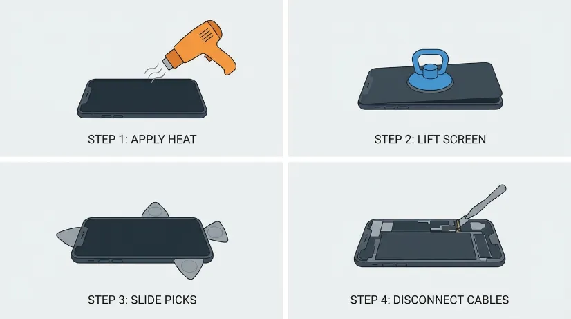 Steps to open a phone heat the edges, use suction cup to lift, slide plastic picks around, and use a spudger for connectors