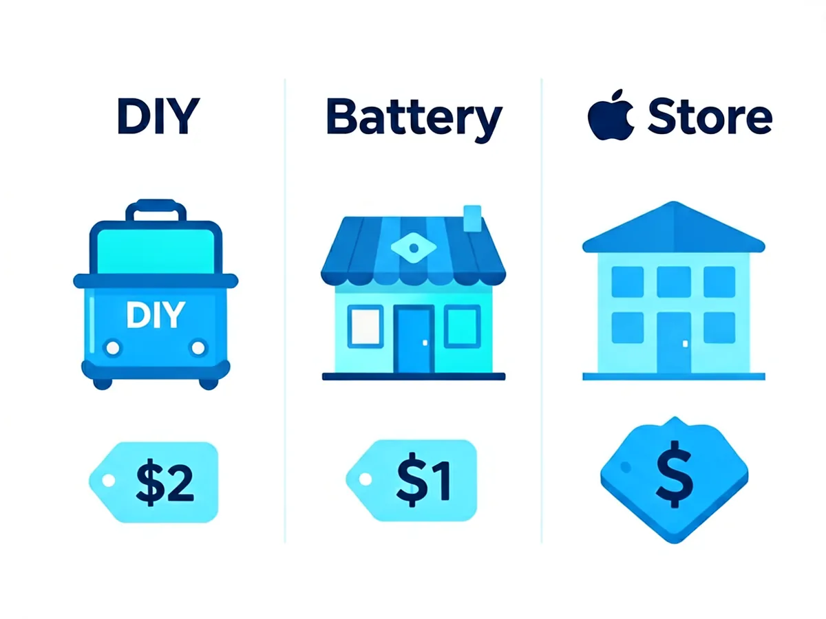 Infographic comparing battery replacement cost across three routes: DIY kit with small price tag, independent shop with medium tag, Apple Store with large tag