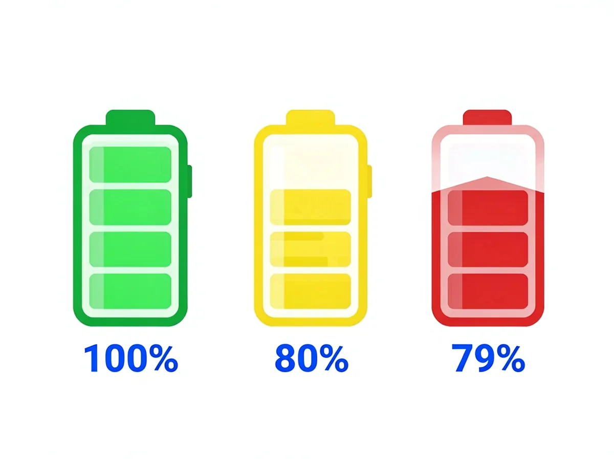 Three-stage battery health illustration showing healthy green at full charge, degraded yellow at reduced capacity, and replace-now red below threshold