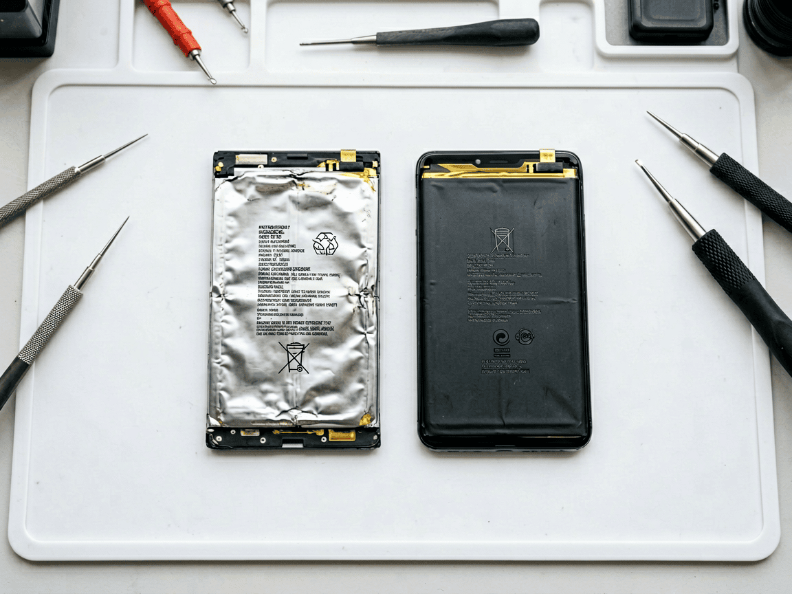 Old swollen phone battery next to a new replacement battery with repair tools