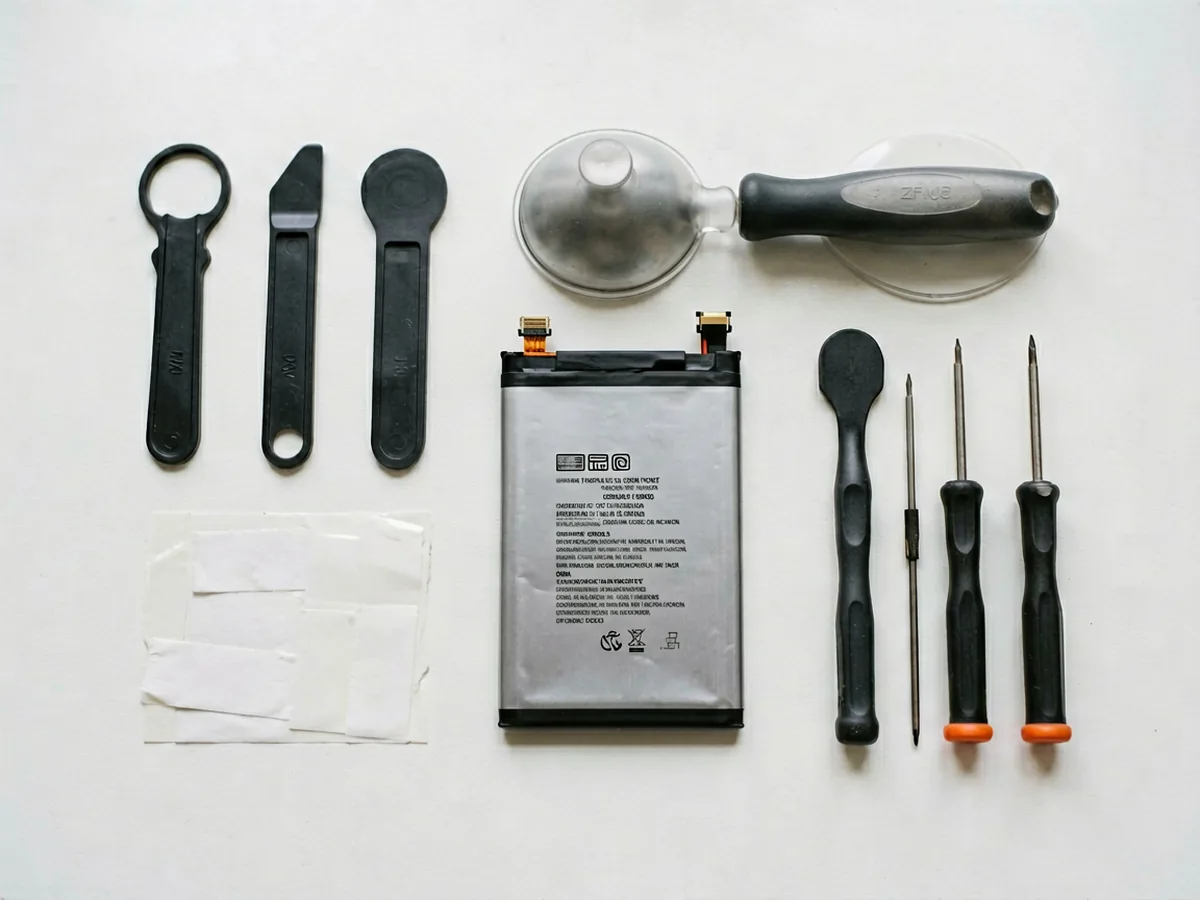 Knolling view of phone battery replacement tools: plastic opening picks, suction handle, spudger, adhesive strips, replacement lithium-ion battery and precision screwdrivers
