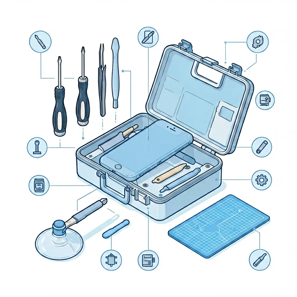 Labelled exploded diagram of a beginner phone repair toolkit contents