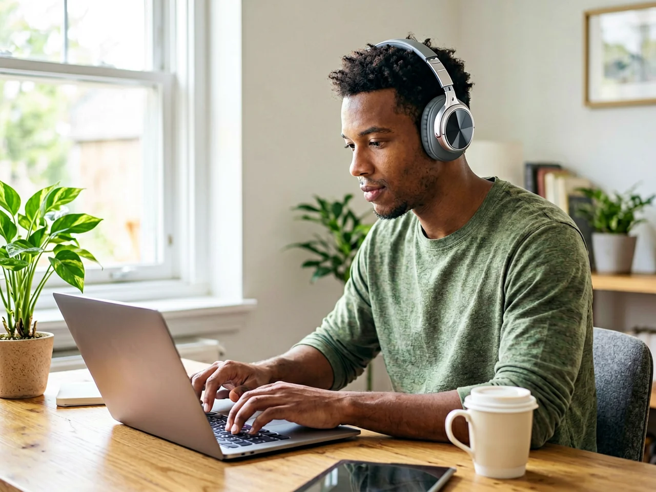 Person wearing bluetooth headphones during daily commute lifestyle scene