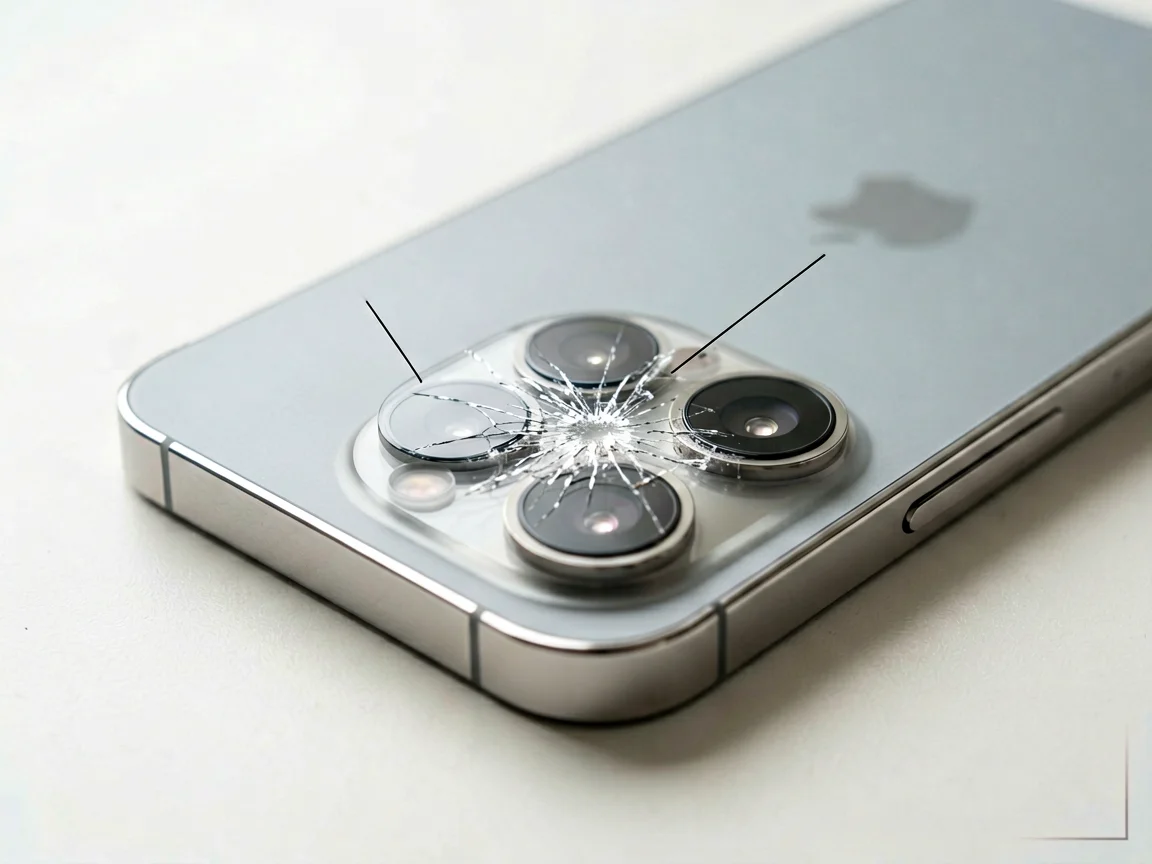 Close-up of a smartphone rear camera module with one cracked outer lens cover, contrasting a lens-only fix versus a full module replacement