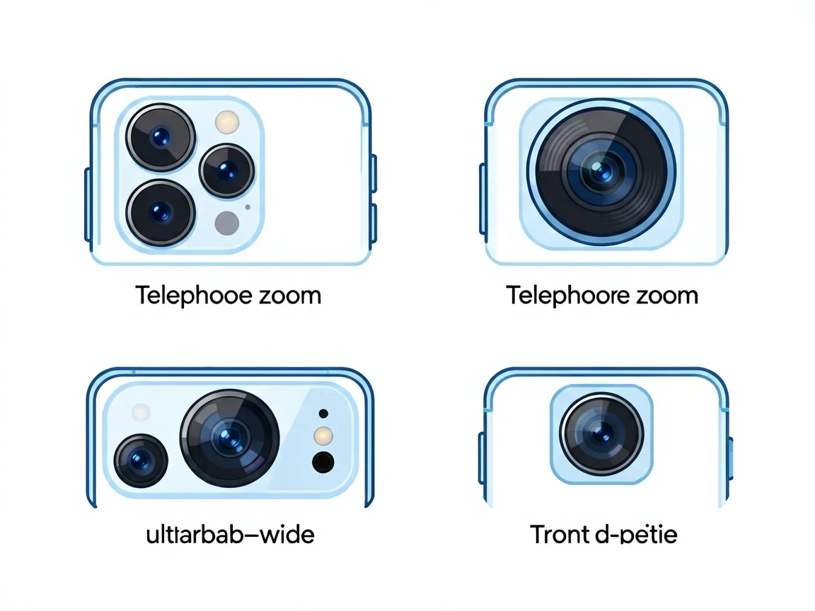 Infographic diagram of the camera modules inside a modern phone: wide, telephoto, ultra-wide and front TrueDepth cameras