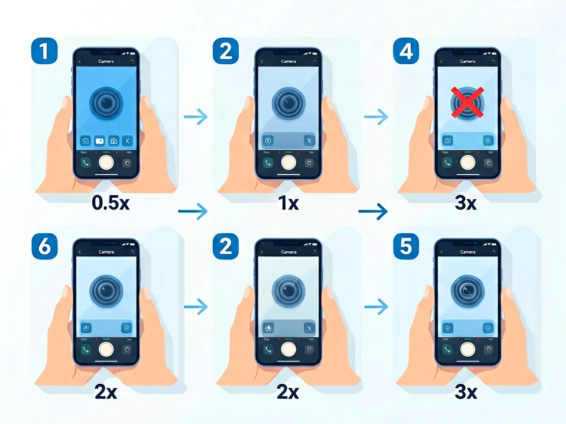Illustration of testing a phone camera by switching between 0.5x, 1x, 2x and 3x zoom lenses to find the faulty module