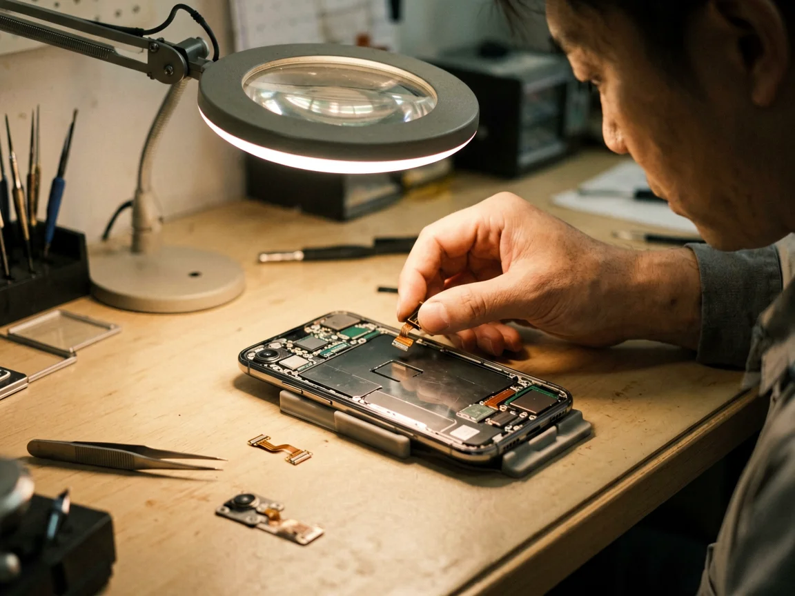Technician installing a phone camera module under a repair lamp, with a note about checking genuine versus aftermarket parts