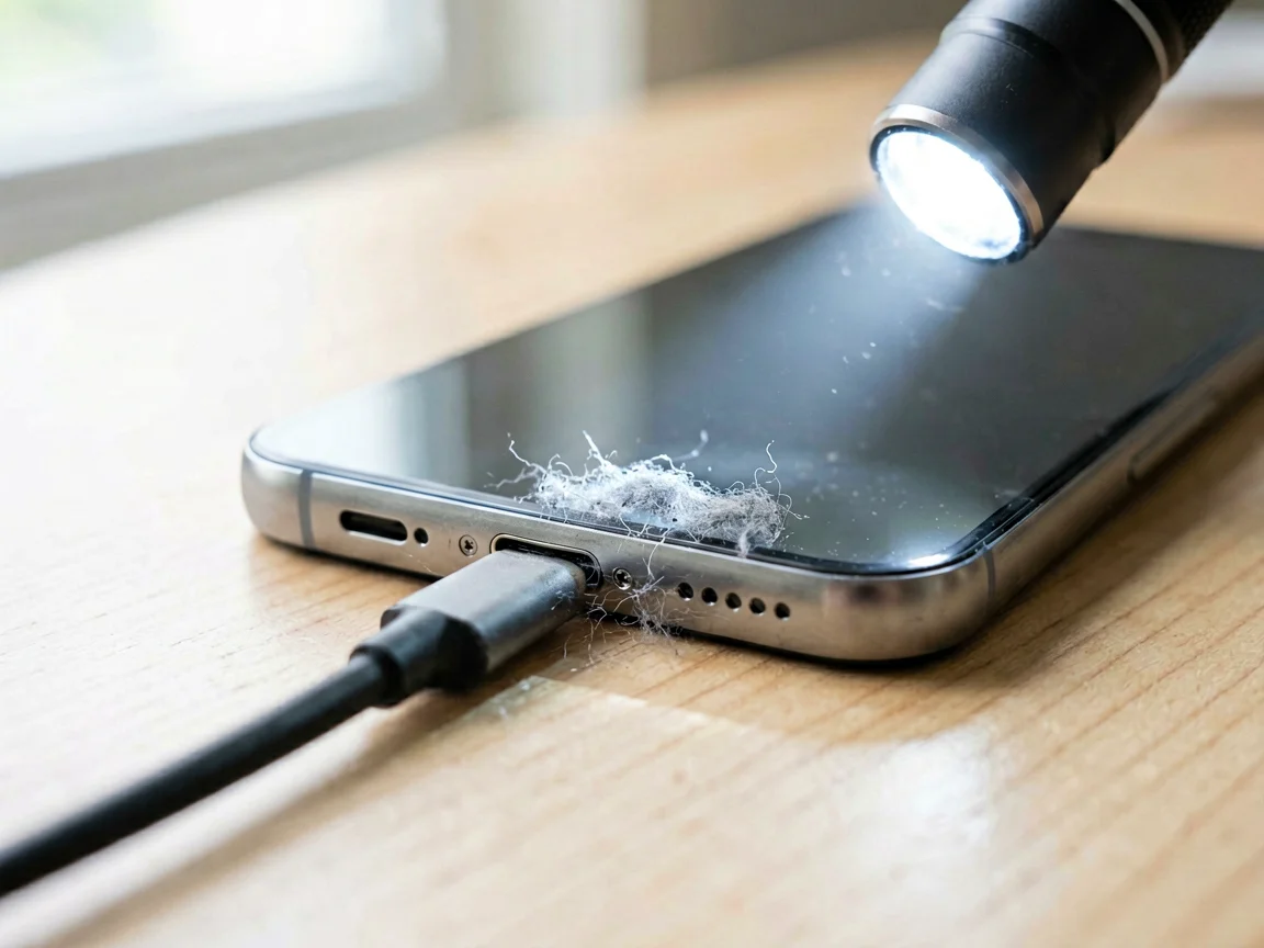 Close-up of a phone charging port with a cable plugged in, showing pocket lint debris inside the connector