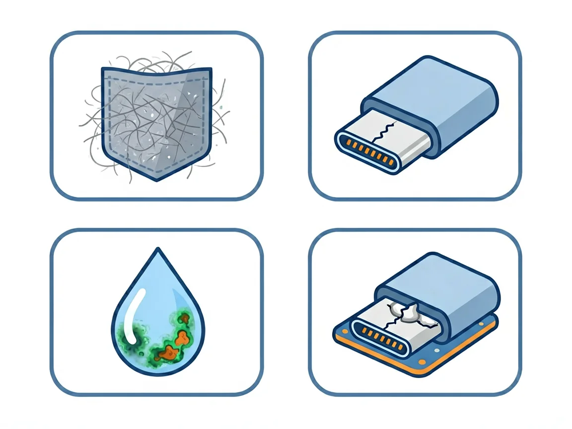 Infographic diagram of the four common causes of charging port failure: lint, bent pins, moisture corrosion, loose solder