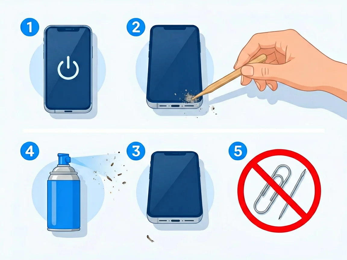 Step-by-step illustration of safely cleaning a phone charging port with a wooden toothpick and compressed air, never metal tools