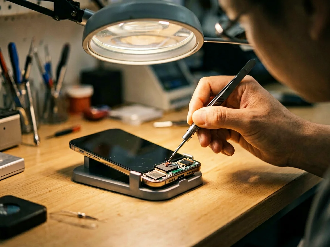 Technician micro-soldering a phone charging port under a repair lamp, illustrating why a damaged port needs a professional