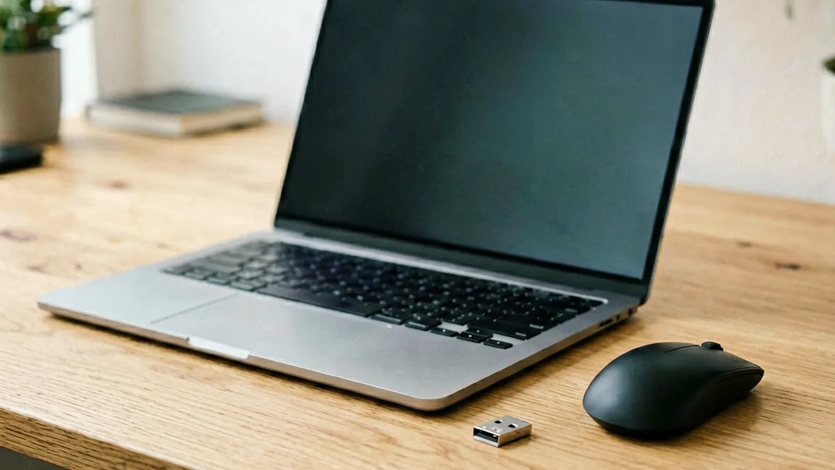 Open laptop on a wooden desk with a black wireless mouse and a tiny USB nano receiver, illustrating how to connect a wireless mouse to a laptop
