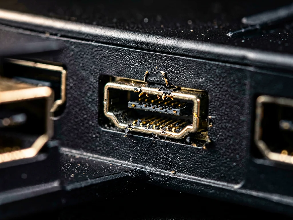 Burnt and melted HDMI port on a game console showing heat damage with charred plastic housing and exposed pins