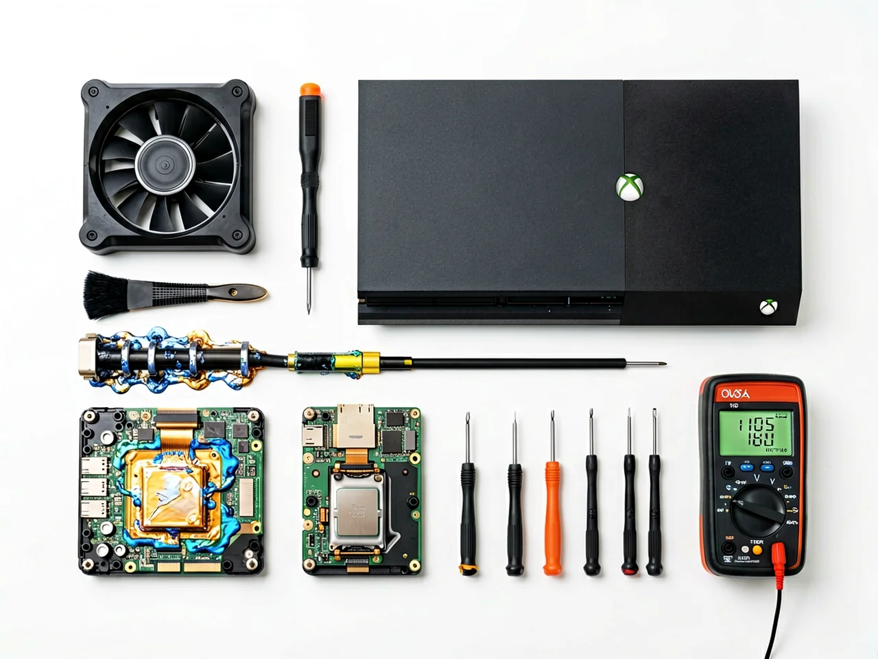 PS4 and Xbox One consoles with cooling tools laid out showing internal components that generate and dissipate heat during operation