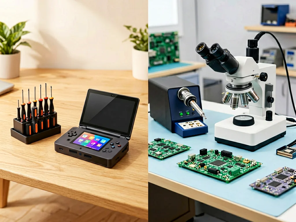 Side-by-side comparison of a DIY home repair desk and a professional repair lab workbench