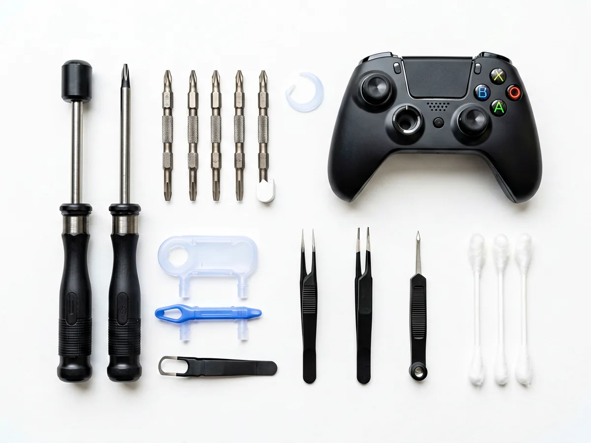 Knolling view of controller repair tools including precision screwdrivers, opening tools, tweezers, a replacement stick module and cotton swabs