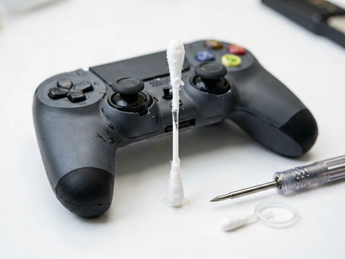 Cotton swab with isopropyl alcohol cleaning the base of an analog stick on a disassembled controller with screwdriver nearby