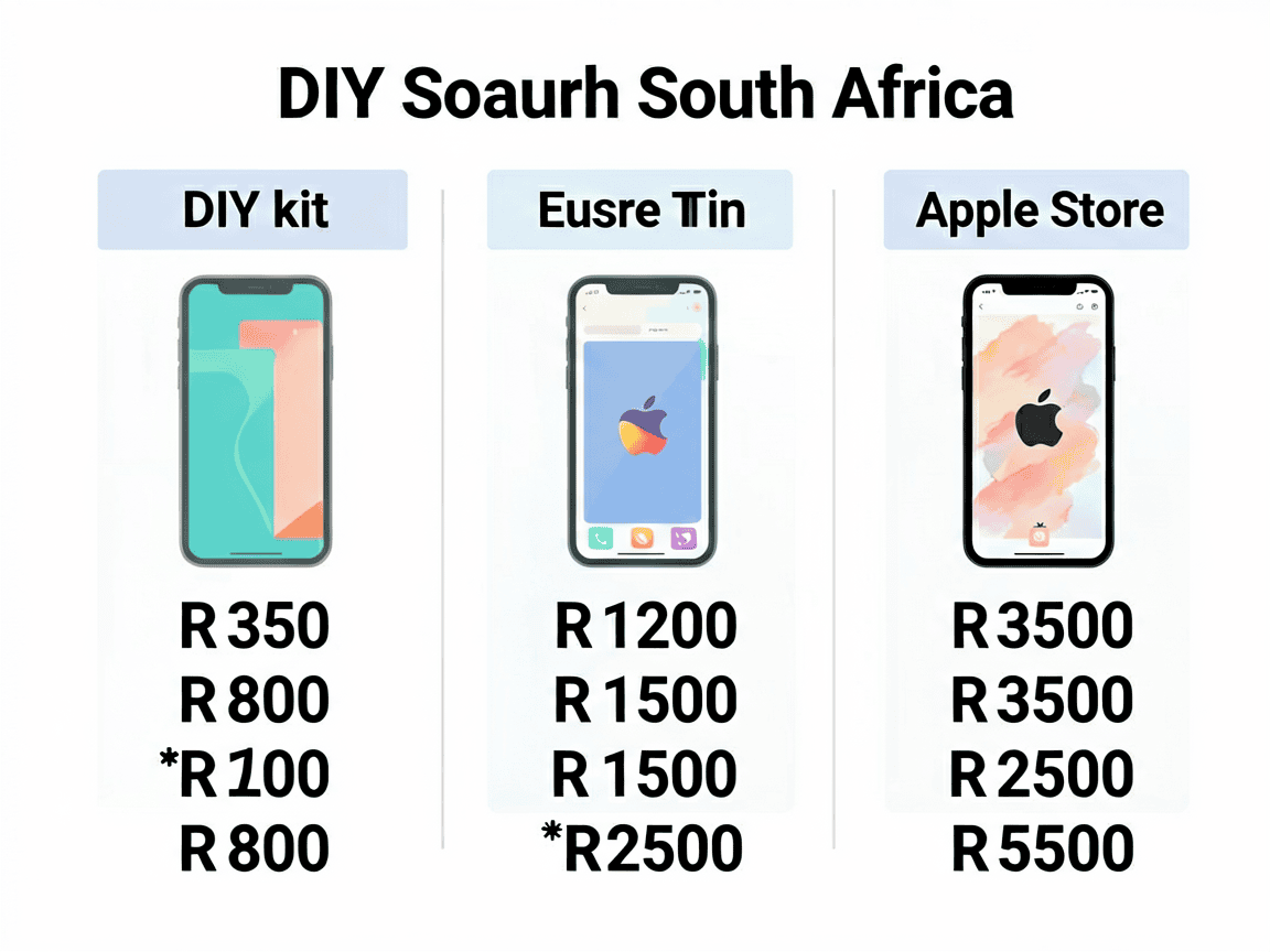Cost comparison chart for iPhone screen replacement in South Africa showing DIY, third-party, and Apple Store price ranges in ZAR