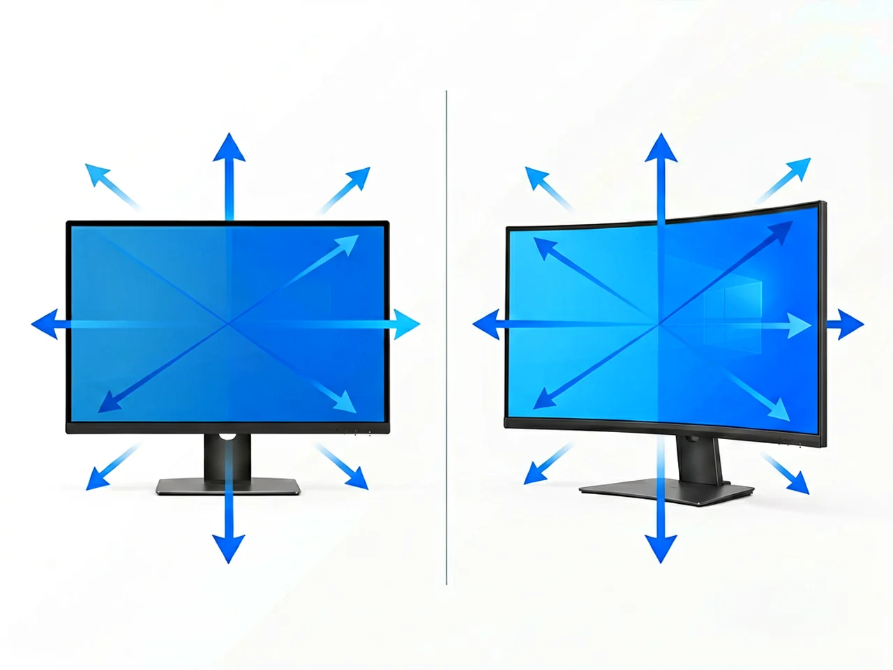 Side-by-side comparison of flat versus curved monitor showing different viewing angles and immersion