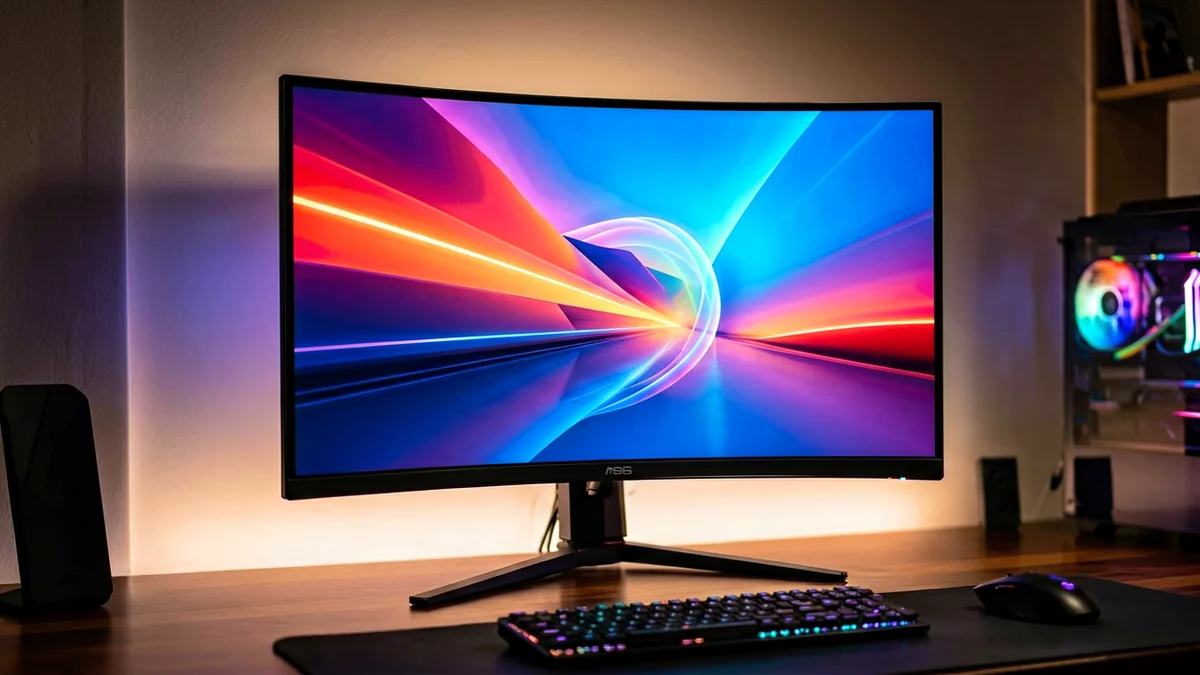Modern curved gaming monitor on a sleek desk with vibrant display and soft ambient lighting