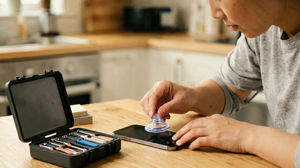 Person repairing a smartphone screen at a home table with a precision toolkit, using a suction cup to lift the display