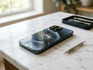 iPhone with cracked screen on a table next to phone repair tools