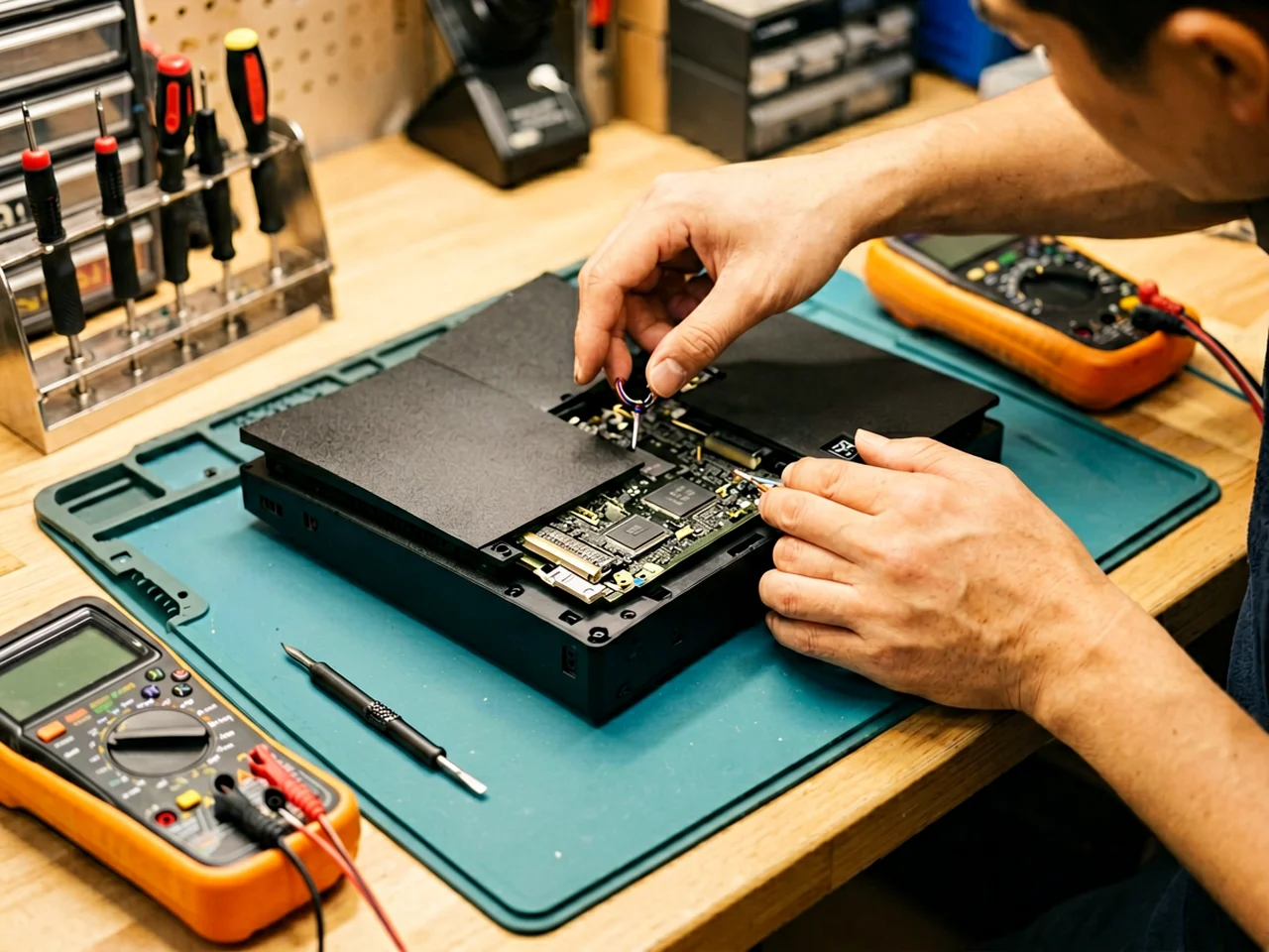 Technician opening a PlayStation console on an electronics repair workbench with screwdrivers and multimeter