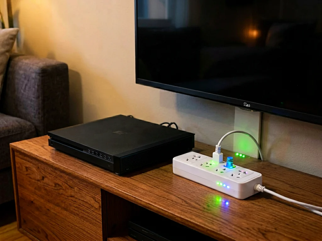 A game console plugged into a surge protector with power indicator lights during a load shedding recovery check