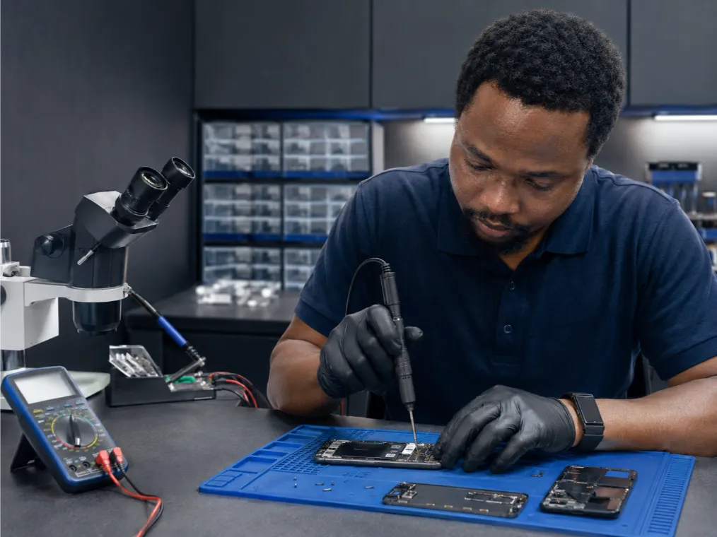 Electronics technician repairing a smartphone at a professional workbench
