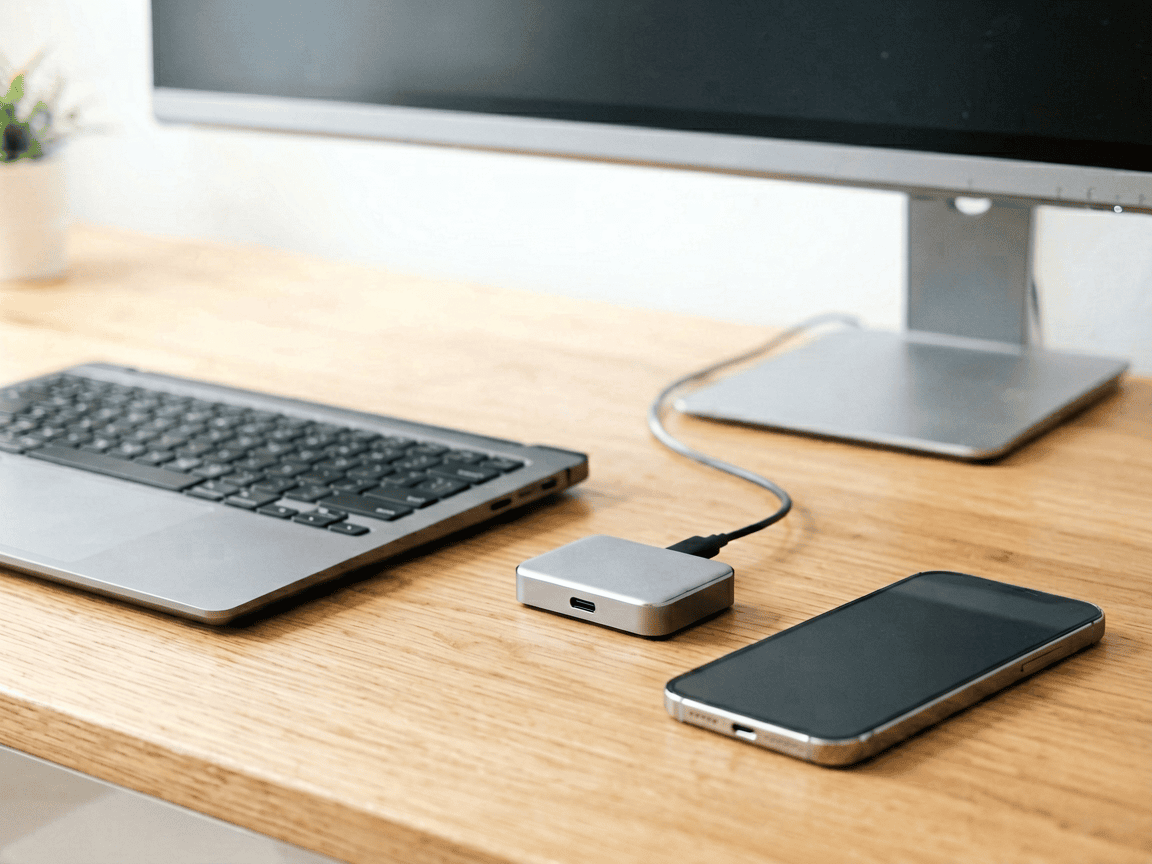Flat-lay of USB-C hubs, adapters and cables on a desk, illustrating how to choose a USB-C hub in South Africa