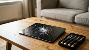 iPad with a cracked screen on a wooden coffee table next to a precision repair toolkit, illustrating how to fix a cracked iPad screen at home