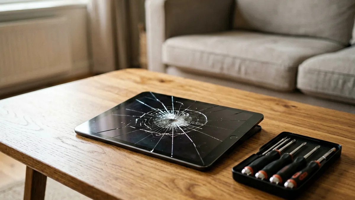 iPad with a cracked screen on a wooden coffee table next to a precision repair toolkit, illustrating how to fix a cracked iPad screen at home