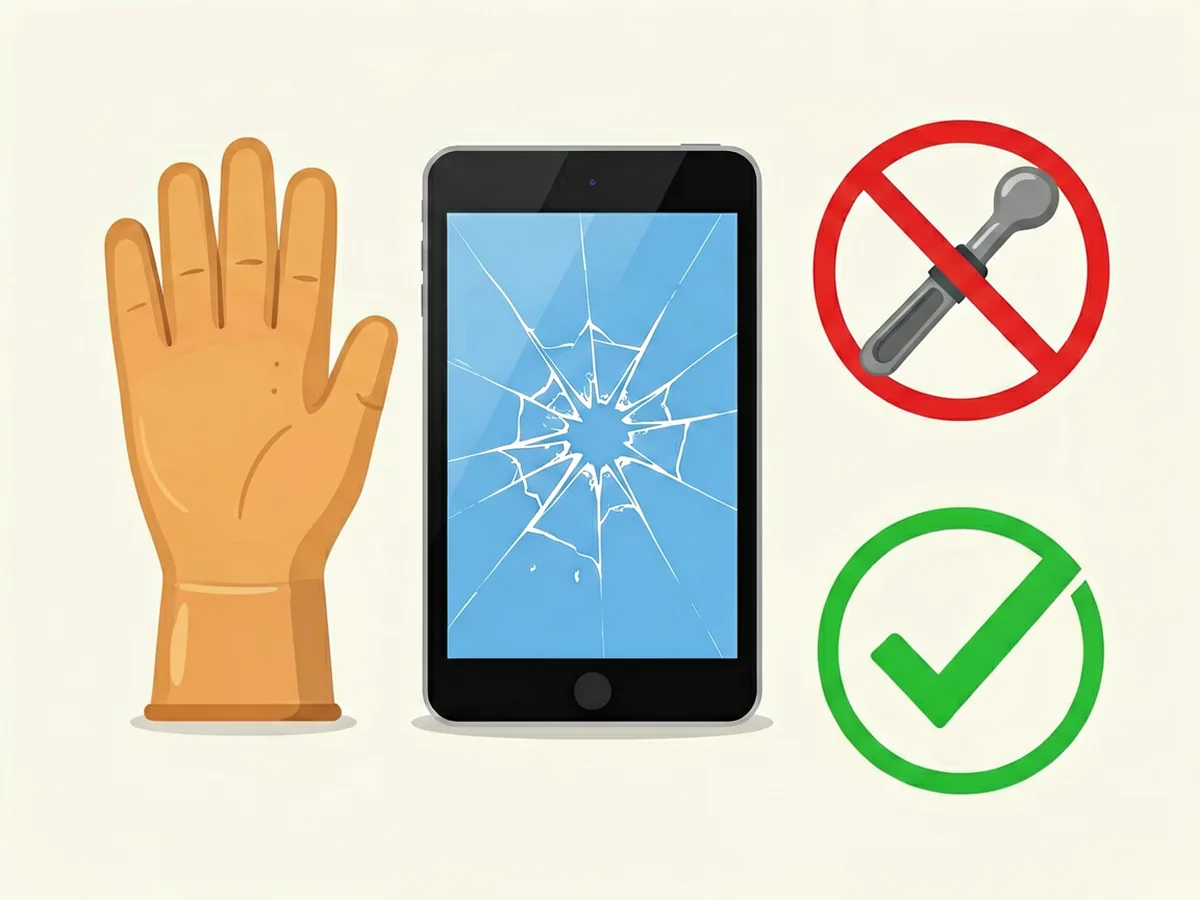 iPad repair safety illustration: wear gloves for broken glass, never pry with metal tools, use plastic picks instead
