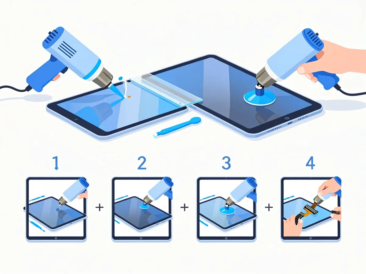 Four-step iPad screen repair illustration: heat the edge, lift with suction cup, work picks around the frame, disconnect the flex cable
