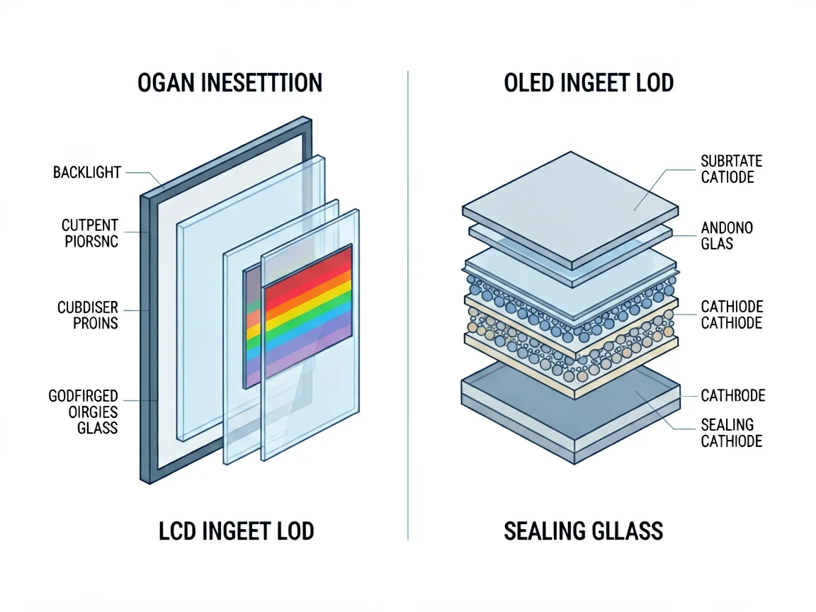 Cross-section diagram comparing LCD and OLED display layers