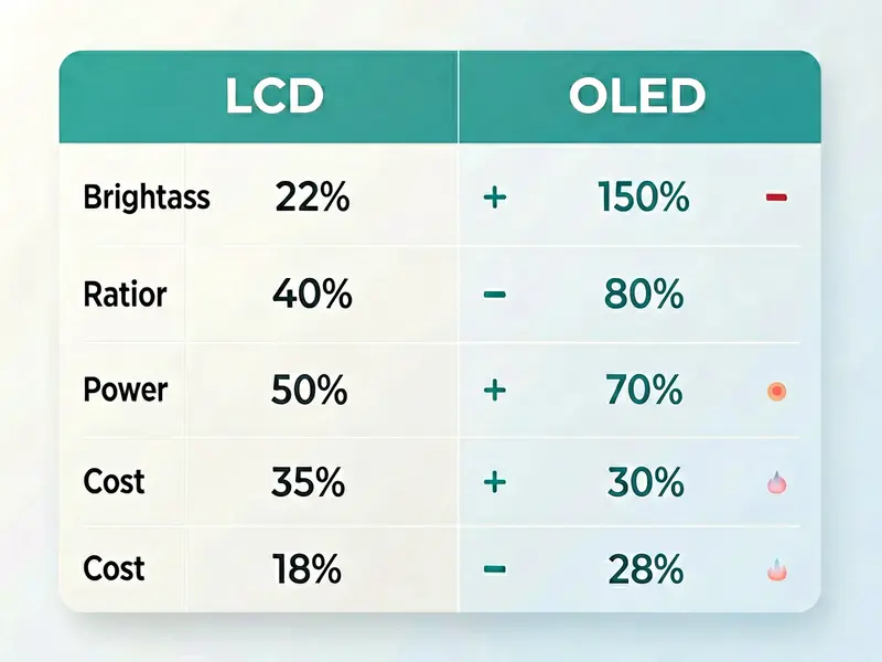 LCD versus OLED comparison table graphic showing brightness contrast power and cost