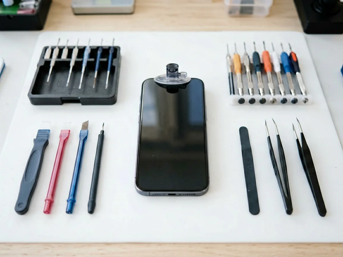 Knolling view of an iPhone screen repair workspace with precision tools, illustrating DIY versus professional screen replacement