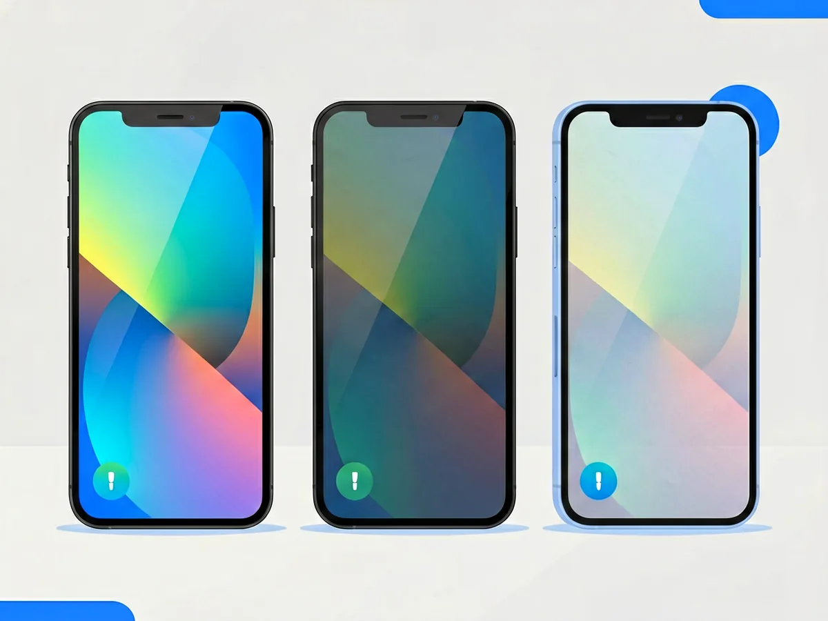 Three iPhone display panels with different quality levels, comparing genuine, refurbished and aftermarket screen grades