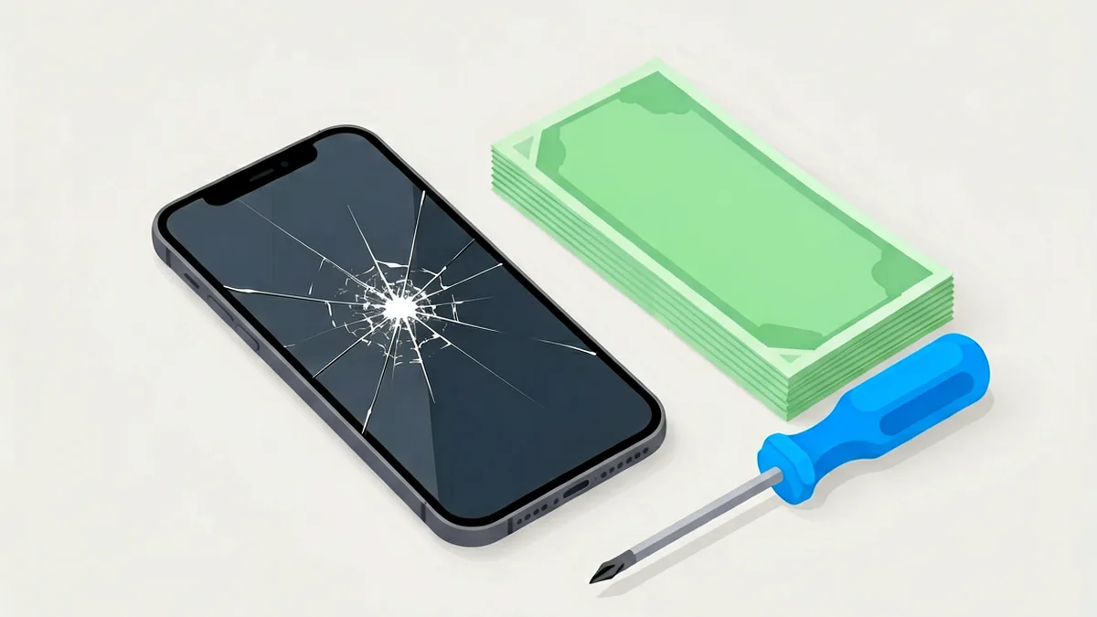 Cracked iPhone screen next to a stack of banknotes and a precision screwdriver, representing iPhone screen replacement cost in South Africa