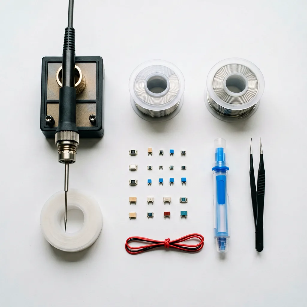 Micro soldering tools flat lay with soldering iron, solder wire, flux pen and tweezers